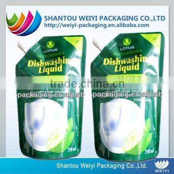 Customized nontoxic dishwashing liquid stand up pouch with spout