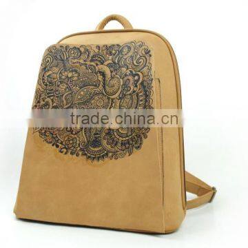 Uique design ladies durable khaki pu leather backpack with Chinese style pattern