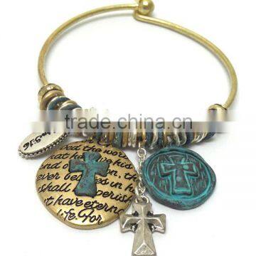 Vintage rustic cross message charm bangle bracelet - john 9:16