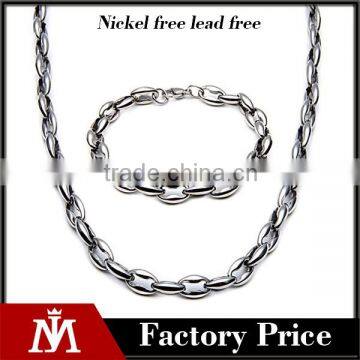 Wholesale Mens Silver Polished Stainless Steel Chain Jewelry Set Figaro Necklace and Punk Bracelet