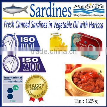 Fresh Canned Sardines in Vegetable Oil with Harissa ,High Quality Sardines,Sardines in cans with Harissa125g