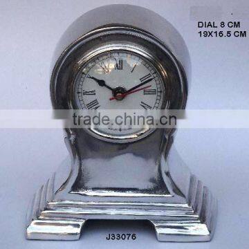 Round cast Alumnium table clock on raised stepped base available in other finishes available