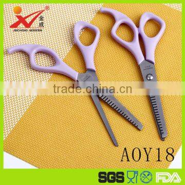 AOY18 Plastic handle hair scissors , easy carry safty hair cutting scissors with tooth