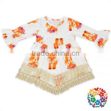 New Design Girls Long Frock Fall Fox Print Baby Girls Dresses Lace Baby Frock Designs