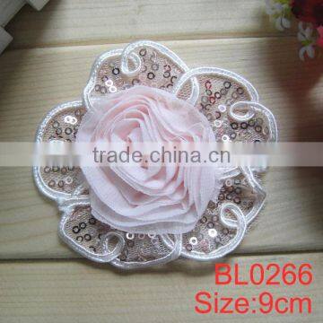 9CM Pink Sequin Chiffon Flower Applique for Girl Dress
