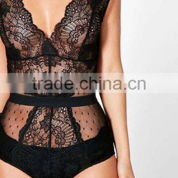 New Arrival 100% Polyester Lady Fashion Clothing Sexy Lace Black Women Bodysuit