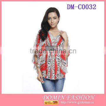 Women V Neck Printed Loose Bat Sleeve Chiffon Blouse