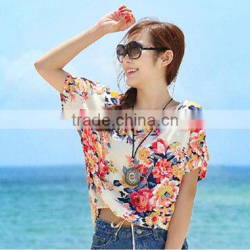 Ladies fashion chiffon floral print short sleeve T shirt beach blouse