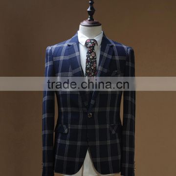 2016 latest design blue grid 3 pieces formal suits wool suits for men