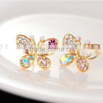 Girls Jewelry Pearls Butterfly Earrings,hollow Gold Stud Earring With Colorful Crystals photo-2