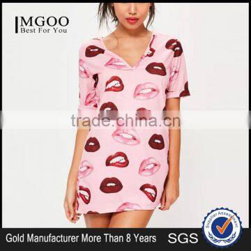 Custom Full Print Women Oversizes V Neck Pink Lip Print Nightshirt Roll Sleeve Causal Loose Sleepwear