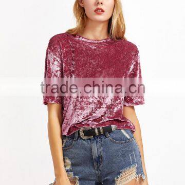 luxury latest ladies girls pink short sleeves velvet shirts tops