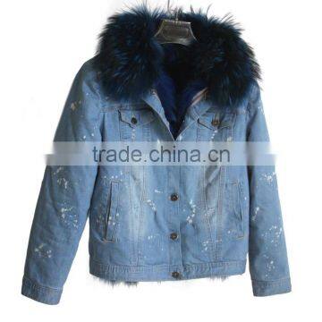 Myfur Newest Fashion Women Jeans Parka with Real Fox Fur Lining And Raccoon Fur Collar