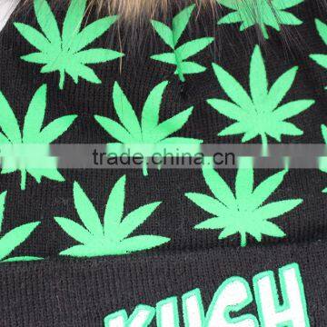 Myfur Adult Screen Green Leaf Printed Skull Hat With Real Fur Pom Pom