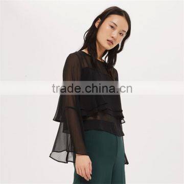 Gorgeous Cropped Flute Crinkle Sleeve Black Semi Sheer Blouse photo-6