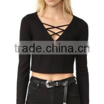 OEM Seriver Women T Shirt Black Soild Color Cotton Jesery V Necklace T Shirt