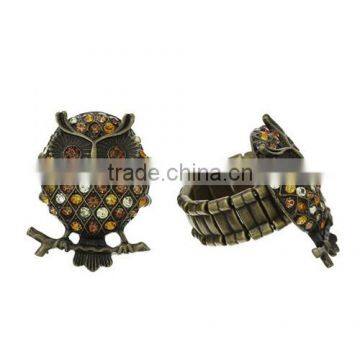 Antique Bronze Yellow Orange Coffee Rhinestone Elastic Stretch Owl Halloween Rings 19.1mm(US 9)