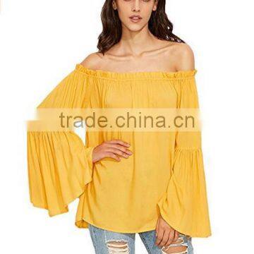 Women Lady Blouse Off Shoulder Pleated Ruffle Sleeve Blouse Top photo-6
