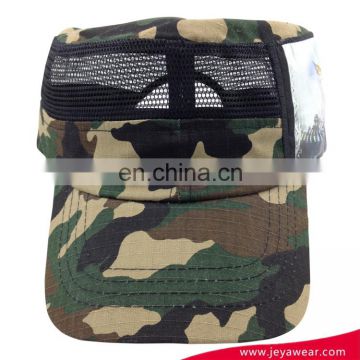 High quantity woodland camouflage military flat top cap with side transfer printing tiercel logo