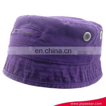 Factory customize purple 100%cotton twill bucket hat and side with Zip pocket and 2 metal eyelets