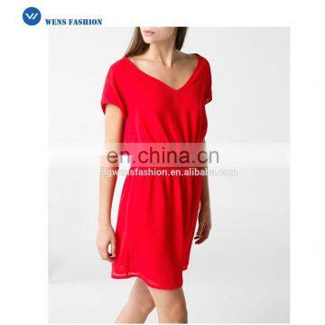 Womens Red Gathered Waist and Short Sleeve Chiffon Dress