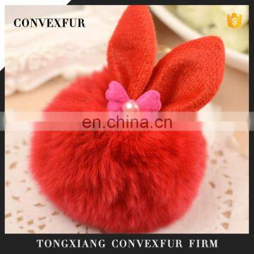 Fancy rex rabbit fur poms keyrings with rabbit ear fashion design rabbit fur poms bag charm