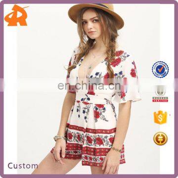 Japanese Girl, Lady Dress, Multicolor Print Half Sleeve Deep V Neck Jumpsuit