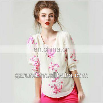 Summer new women's high-end European and American Slim embroidered flowers peach shirt sleeve T-shirt