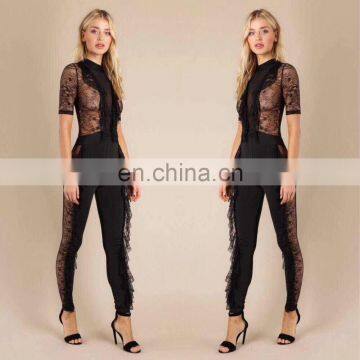 Wholesale Factory Custom Transparent Sexy Body Suit Lace Romper Black Jumpsuit for Women 2017