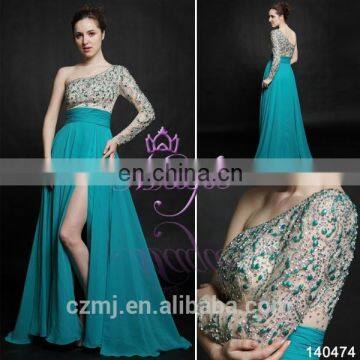 latest design sexy front side split bead one long sleeve see through prom dress