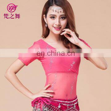 Fashion short sleeve bellydance top women belly dancing clothes professional water yarn belly dance costume top S-3074