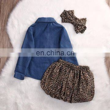 Denim Style Top Matching Leopard Pattern Dress and Headband 3pcs Girls Suit Wholesale Price photo-4