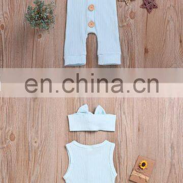 Plain Color Sleeveless Big Buttons Romper Jumpsuit Factory Wholesale Price Boutique Girls Cotton Romper Matching Headband