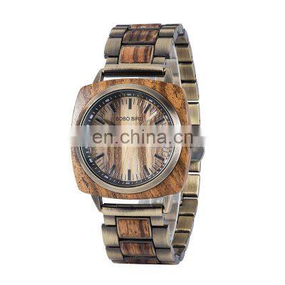 BOBO BIRD Square Watch for Men Waterproof Quartz Wristwatch with Wooden Band Customize Gift to Father OEM