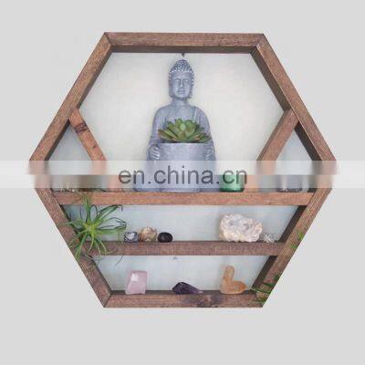 Geometric Honeycomb Hexagon Floating Wall Shelves Rustic Wooden Display Shelf for Crystals  Stones Essential Oils