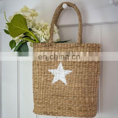 Straw Seagrass HandBag With Hand Painted Star, Vintage wicker Beach Bag Wholesale in Bulk Vietnam Supplier