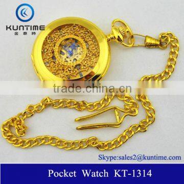 Golden watch fashion dressing reloj de bolsillo with chain