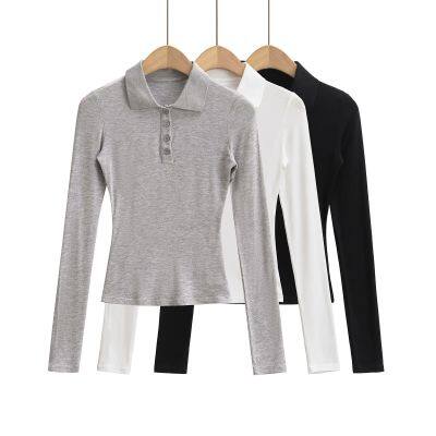 Hot girl American T-shirt 2025 pure lust style slim solid colour POLO collar micro transparent shoulder top