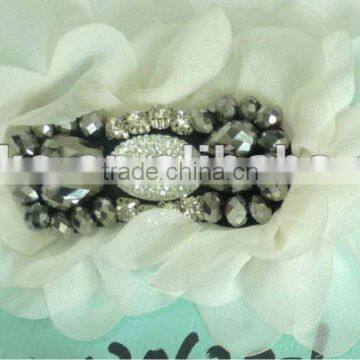 1pc White Color Fabric Flower with Rhinestone Crystal Bead Appliques for Clothing Bags Dresses