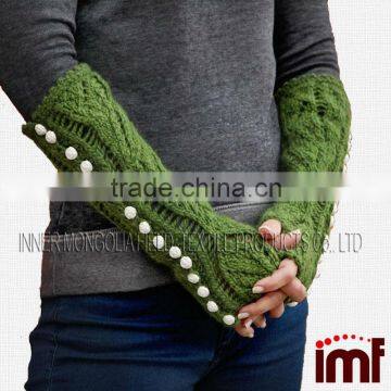 Long Young Green Wool fingerless Gloves for Ladies