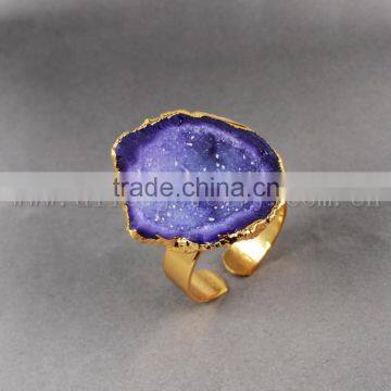 Fashion Vintage Antique Ajustable Golden Plated Druzy Geode Agate Statement Wide Ring photo-3