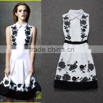 2014 Newest fashionable famous brand turn-down collar sleeveless woolen embroidery women autumn dress P112