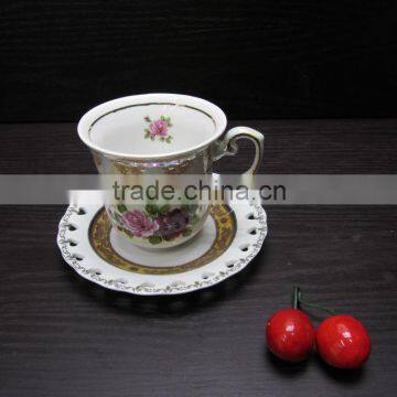 Eco- friendly ceramic coffee cup and saucer with gold rim