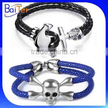 Hot Sale Stainless Steel Exotic handmade North Skull Stingray Bracelet/Arrow Cuff Mens Leather Bracelet Anchor Bracelet