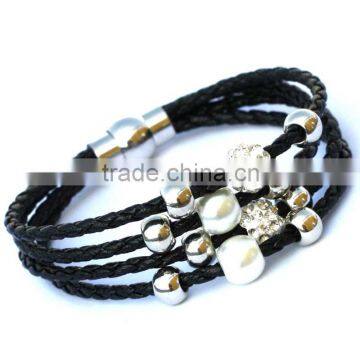 Lady PU Leather Cuff Wrap Wristband Magnetic Buckle Bracelet With Sliding Beads
