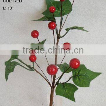 wholesale high quality artificial moring glory leaf and foam red berry pick 10" branches pick decoration in christmas