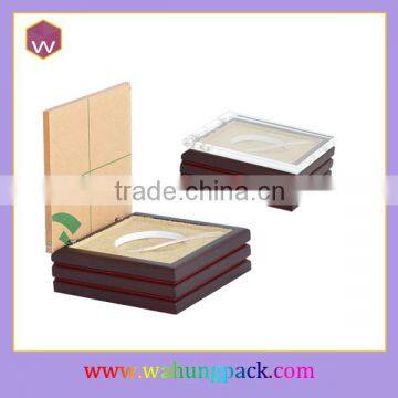 Glass Top Window Matte Lacquer Brown Wooden Medal Packaging Box