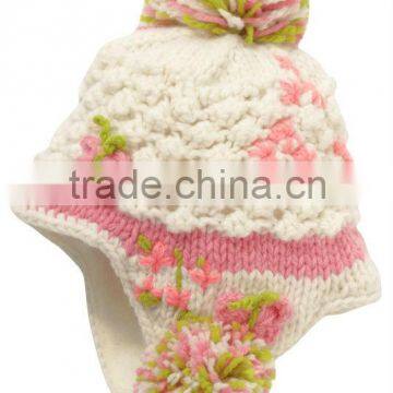 kids crochet knitted hat with top ball and earmuff