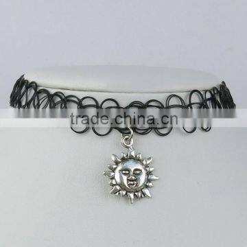 Black color nylon with silver alloy choker necklace