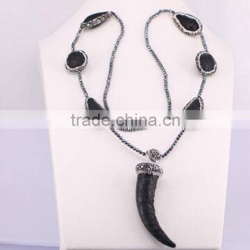 Black Snakeskin Gem stone Necklace, with 3mm Hematite Beads Necklace, Horn Pendant Natural Stone Necklace